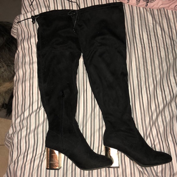 Shoes | Thigh High Black Boots With Gold Heels | Poshmark